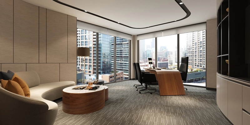 Phòng lãnh đạo sang trọng với bàn gỗ khối lớn, ghế da cao cấp và tủ sách cao đến trần (Nguồn: Internet)