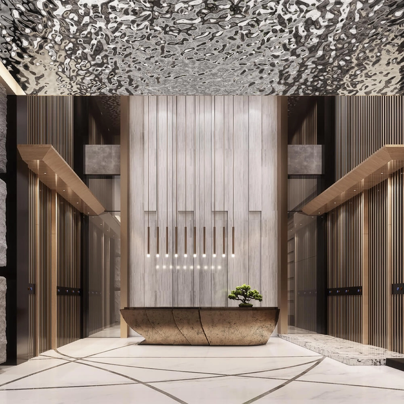 Sảnh tiền sảnh khu phức hợp với vật liệu cao cấp và chiếu sáng nghệ thuật (Nguồn: Internet)