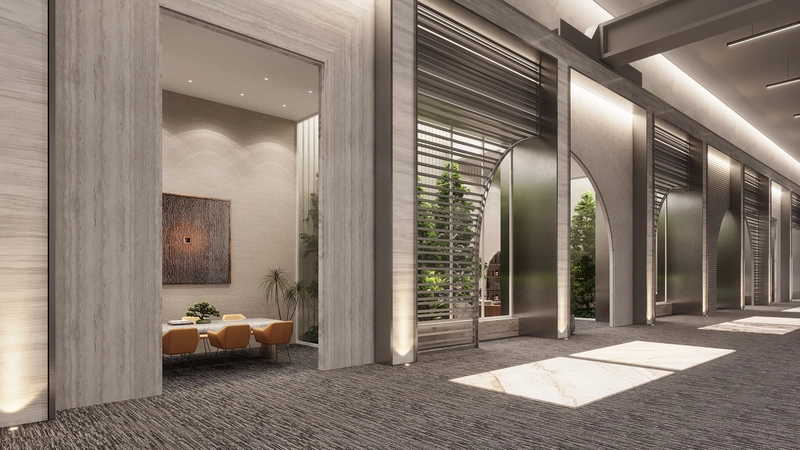 Hành lang nội khu được thiết kế lại đồng bộ phong cách với khu vực sảnh chính (Nguồn: Internet)