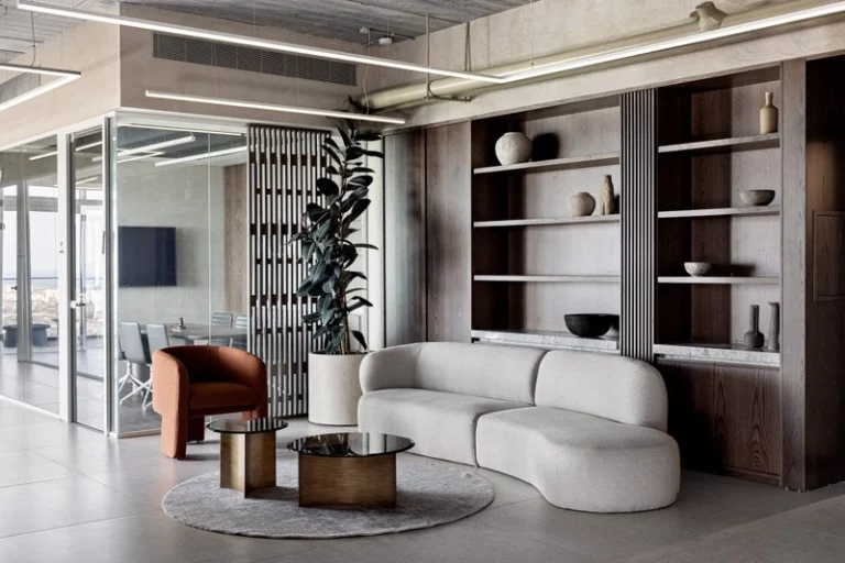 Contemporary interior design style with neutral palette, clean lines and refined furniture