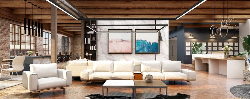 industrial contemporary interior design with raw textures and warm accents