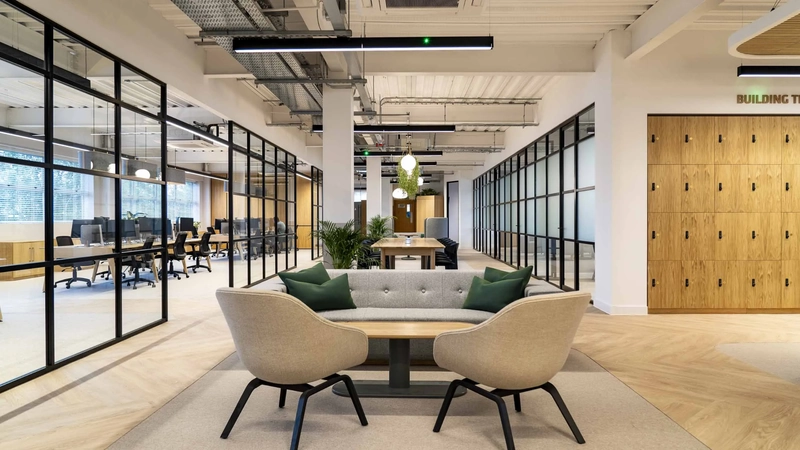 contemporary interior design with slim black framed glass partitions