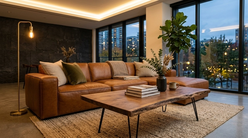contemporary interior design furniture in leather wood and metal