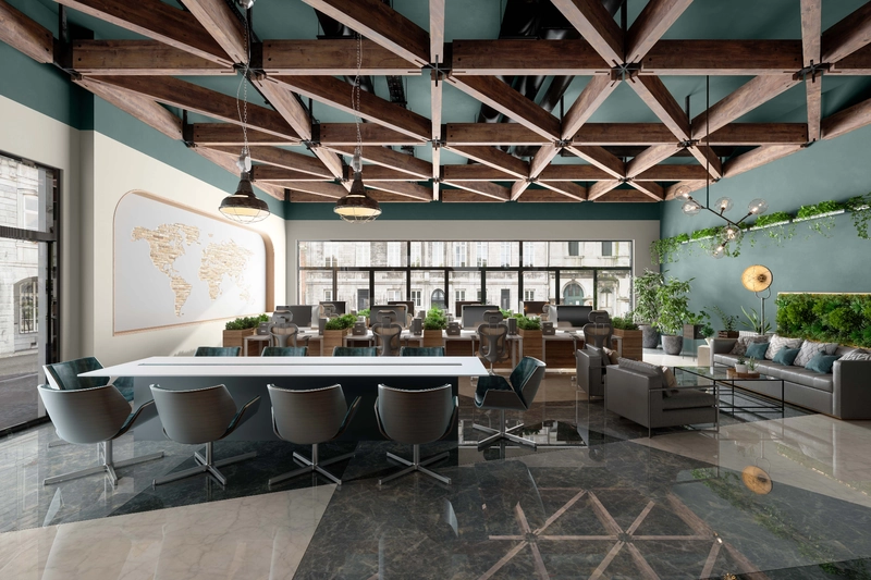 contemporary interior design style with bold color accents on a neutral base