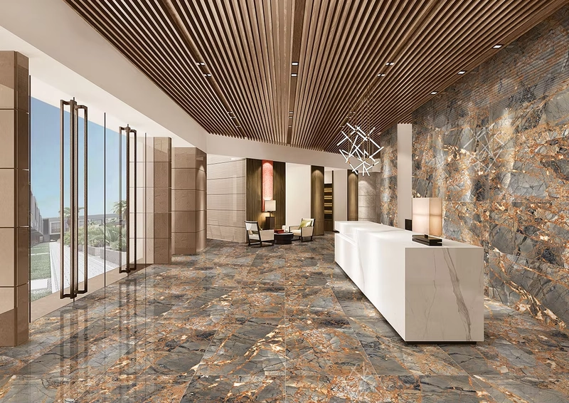 contemporary interior design style with seamless stone and micro-cement finishes