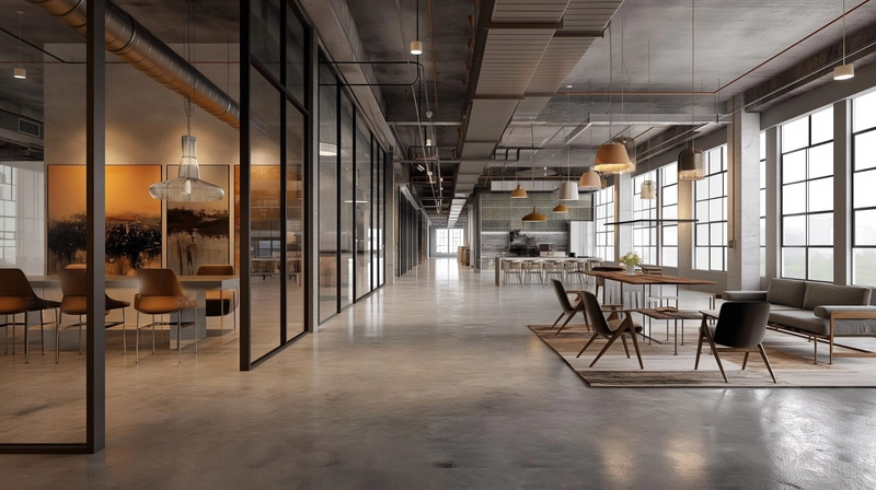industrial style open layout with glass and metal partitions