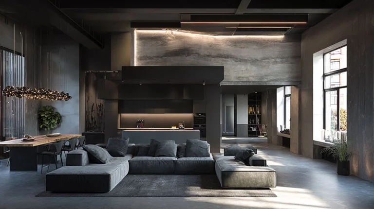 industrial interior design with exposed beams and refined modern comfort