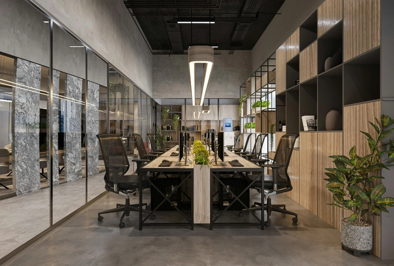 industrial interior design materials with wood steel and concrete