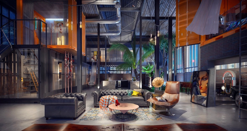 industrial interior with leather seating and soft textiles