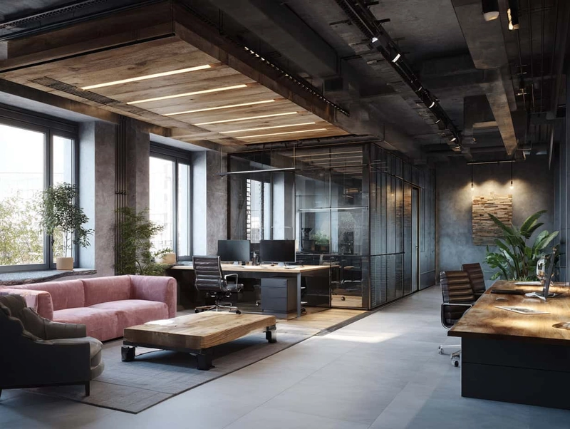 industrial interior design using layered leather and woven texture