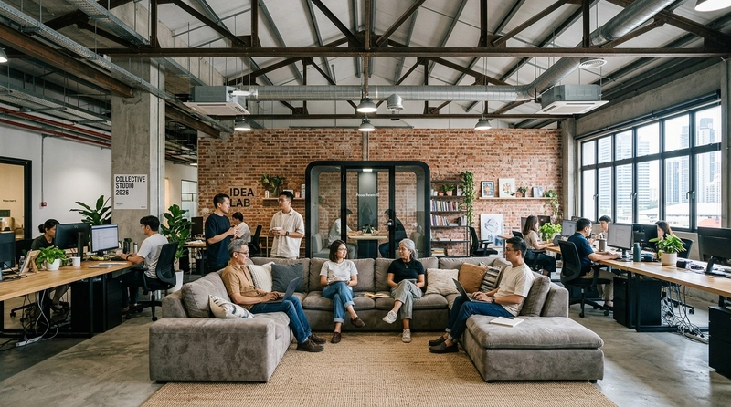 industrial interior with soft seating and exposed structure