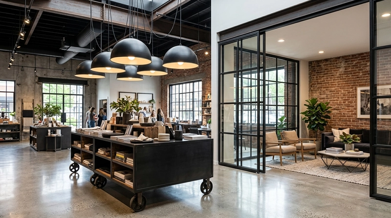 industrial interior design concept with bold sculptural lighting