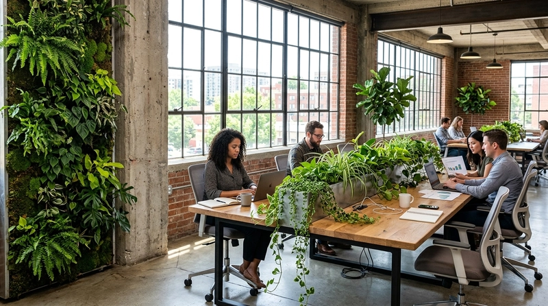 industrial interior with living wall and factory windows