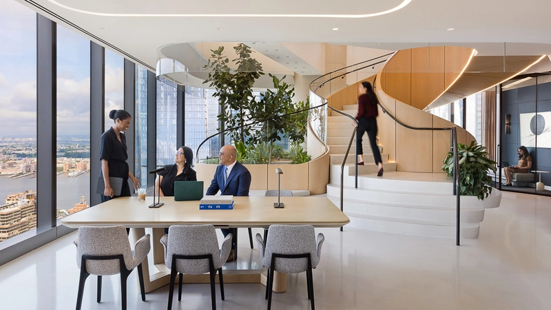 interior design law office with biophilic elements and plants