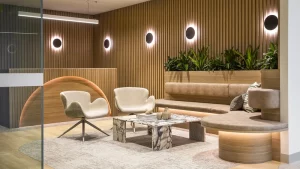 law firm interior design with premium client lounge area