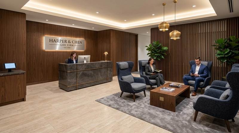law firm interior design with modern reception desk