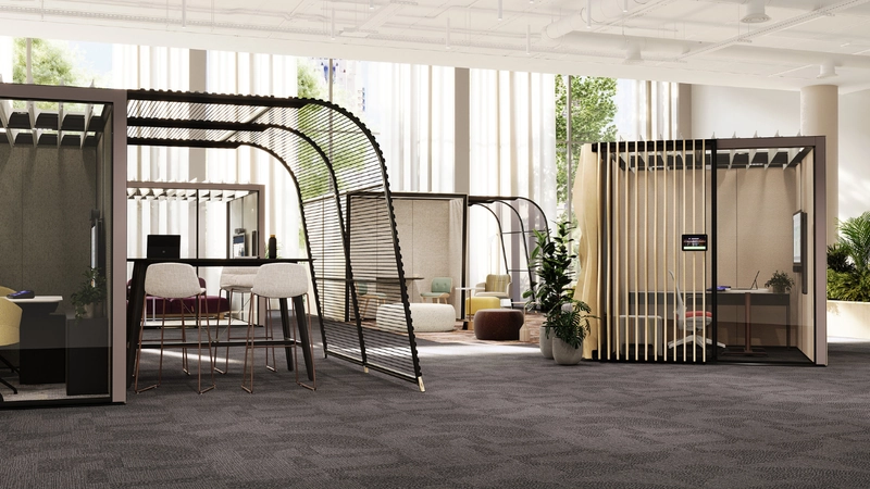 modern office room interior design with layered privacy zones