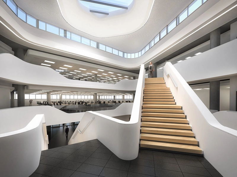 modern office building interior design with welcoming arches