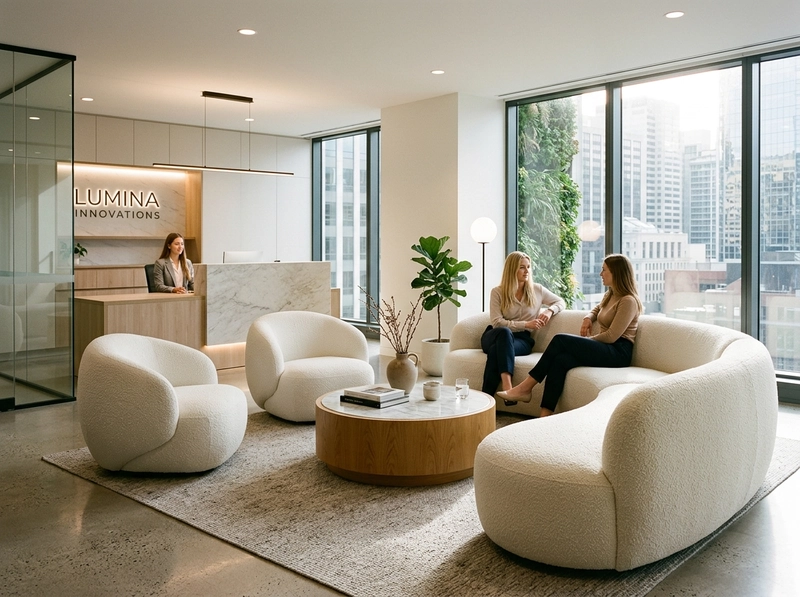 modern office interior design with sculptural rounded lounge sofa