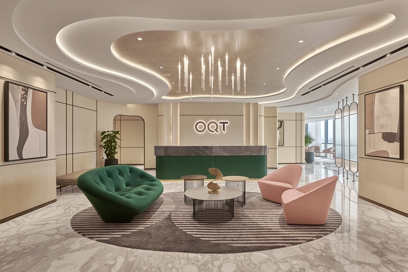 office interior design modern with curved bouclé seating