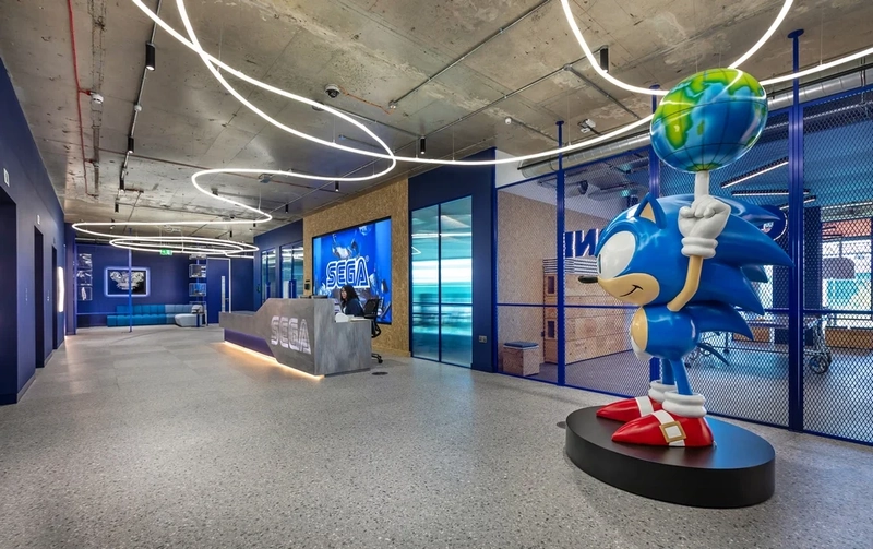 office design interior with clustered pendant lighting effect