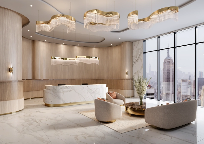 modern office interior design ideas using layered pendant lighting