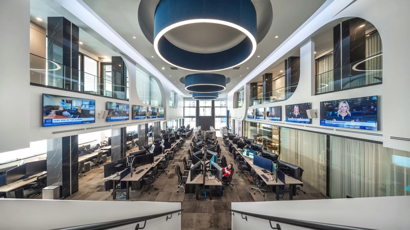 modern office interior design with clustered lights for visual rhythm