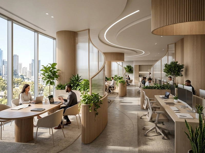 office interior design with ribbed wood and fluted glass divider