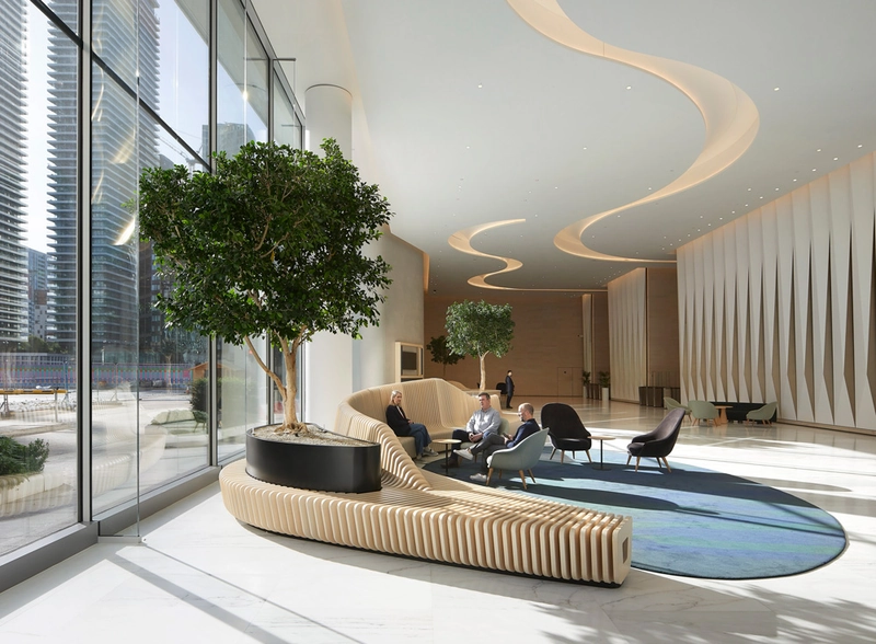 modern office interior design lobby with stone and wood finishes