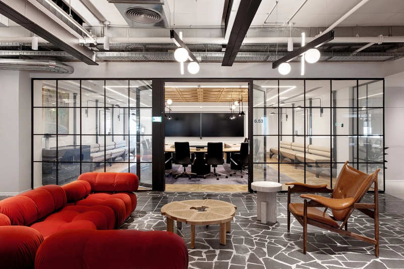 office interior design with soft seating and open teamwork layout