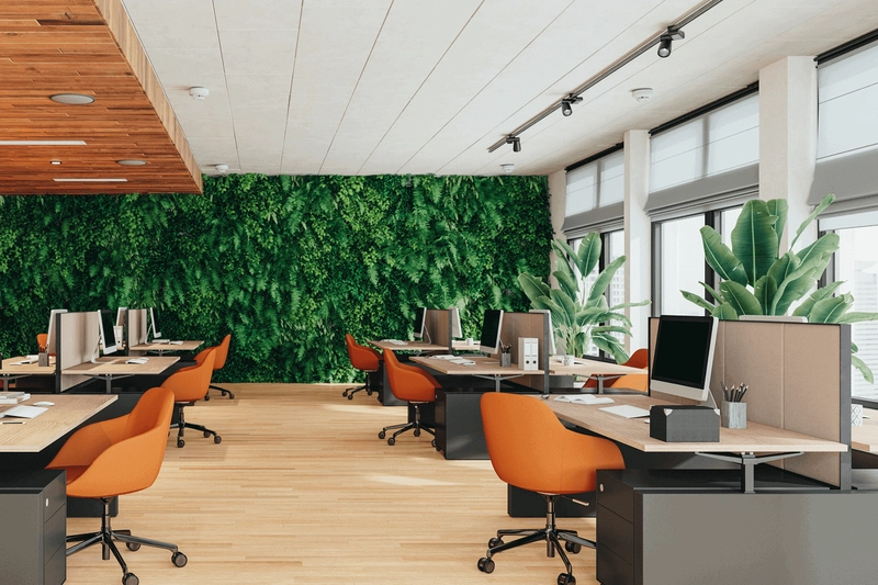 modern office interior design with large biophilic living wall