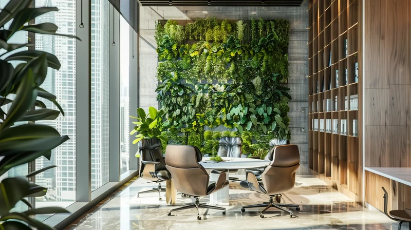 office interior design modern featuring dramatic green wall