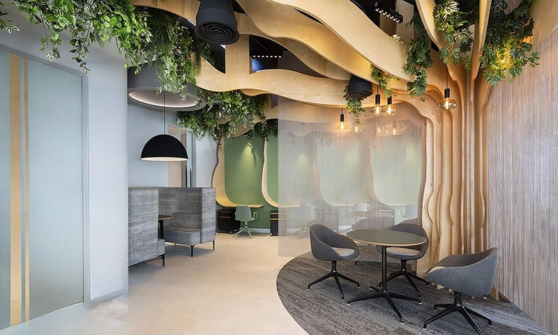 office interior design shaped by calm biophilic materials