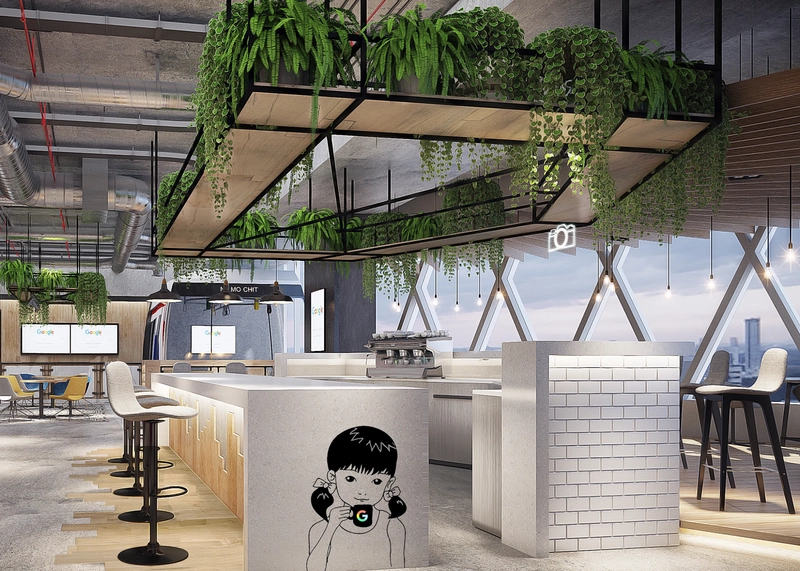 modern office interior design with layered wood and woven finishes