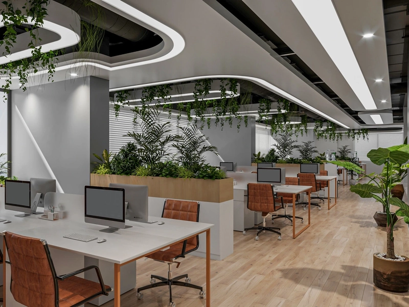 office design interior using plants for shared workspace boundaries