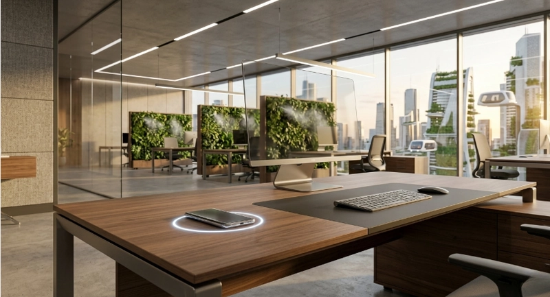 modern office interior design with hidden wireless desk charging