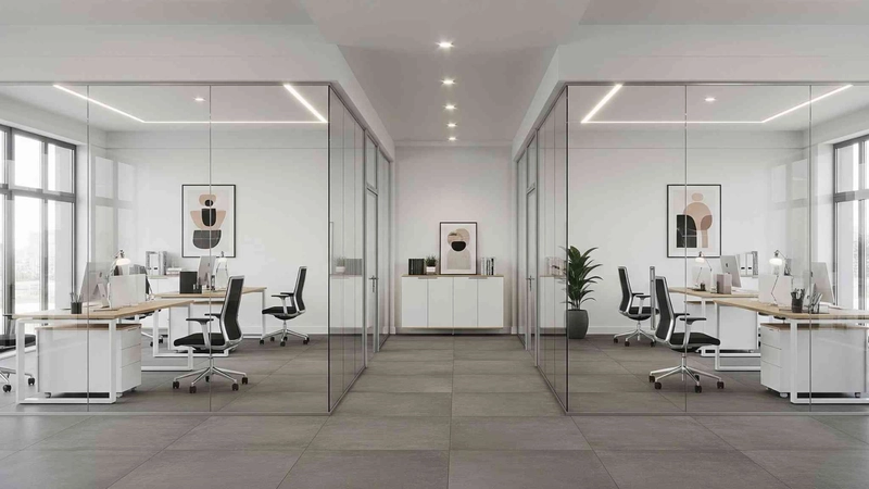 office design interior with transparent smart partition system