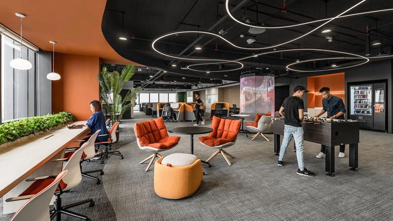 modern office interior design with industrial open ceiling lights