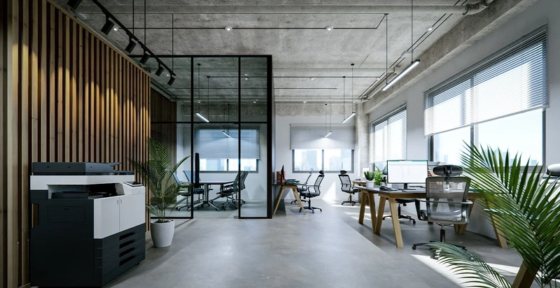 office design interior featuring industrial black pendant lights