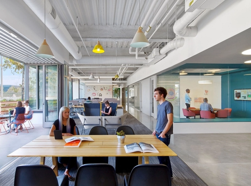 modern office building interior design with industrial concrete flooring