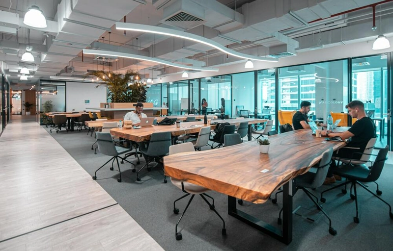 office interior design with live edge wood industrial desk