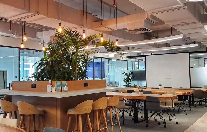 modern office room interior design with organic desk surfaces