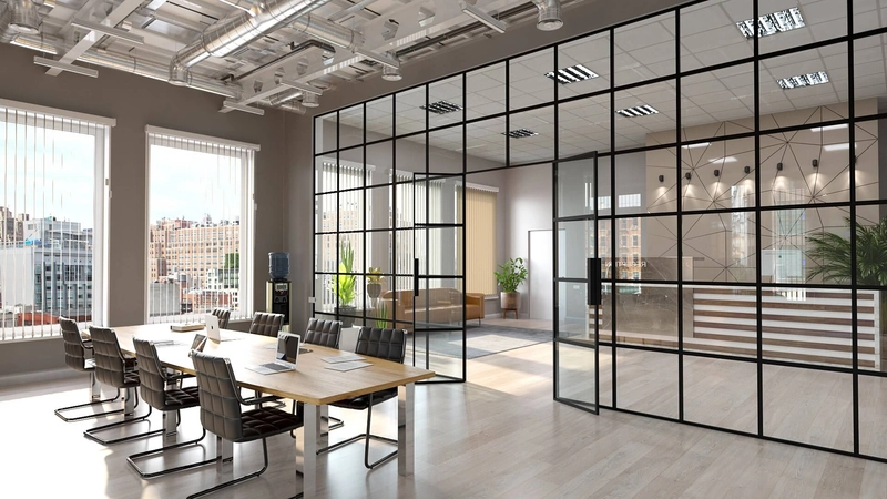 modern office interior design with steel frame glass partitions