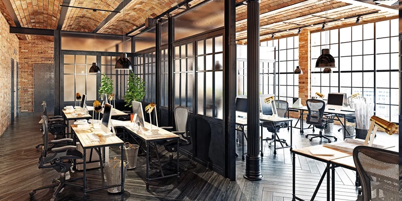 office design interior with bright steel framed glass walls