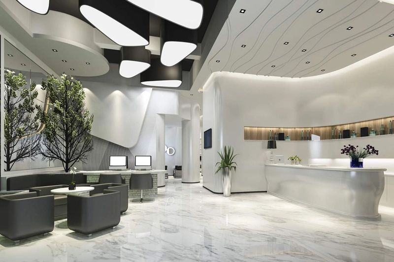 modern office interior design with monolithic stone reception desk