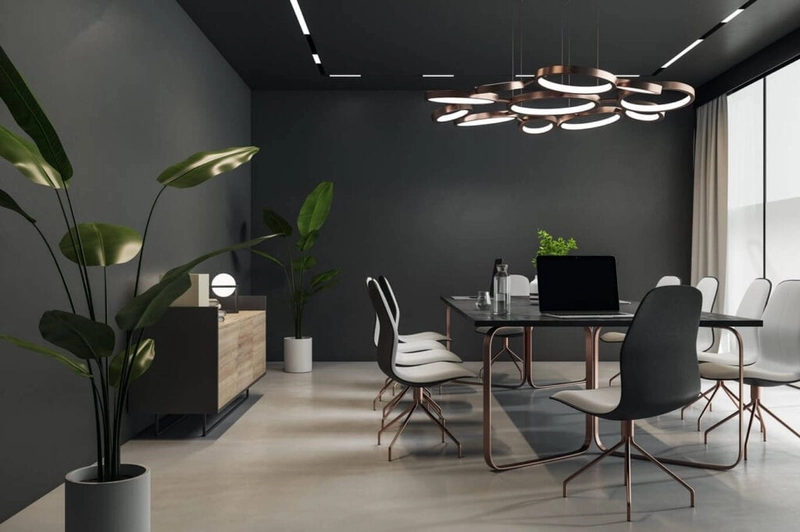 office interior design featuring sculptural statement lighting