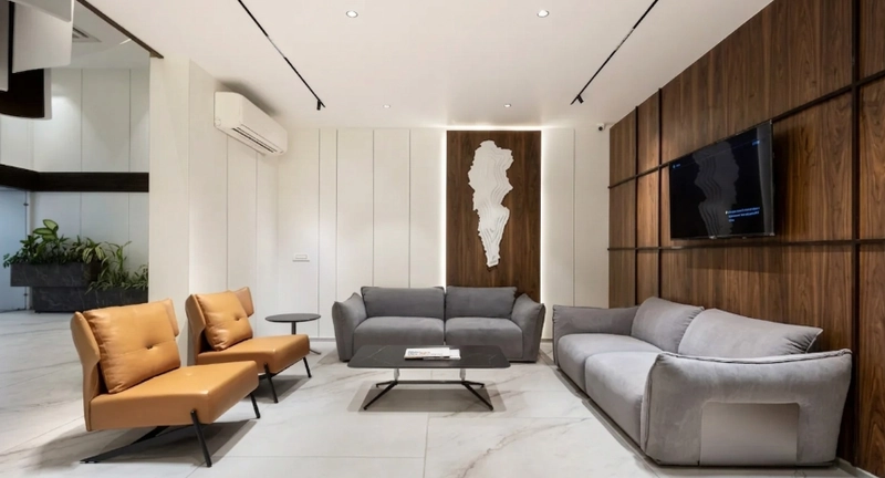 modern office room interior design with walnut wall paneling