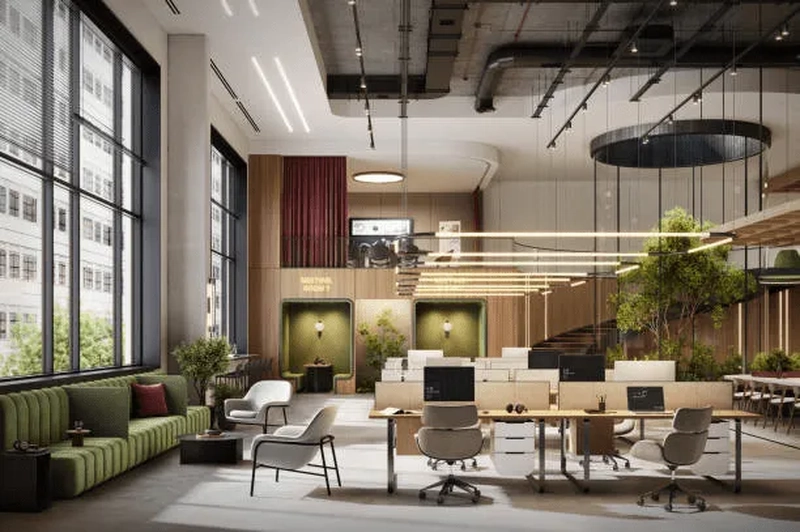 modern interior design for office with recycled content furniture