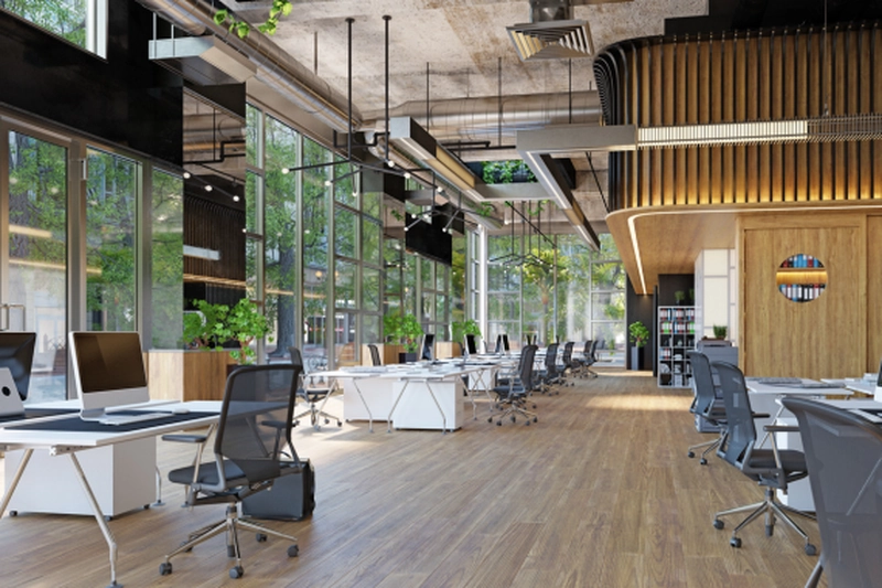 modern office interior design with sustainable bamboo flooring