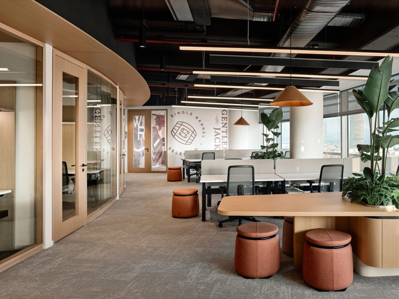 office design interior with cohesive natural material palette